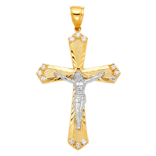 14K Two-Tone Gold Diamond-Cut Crucifix Pendant with Cubic Zirconia