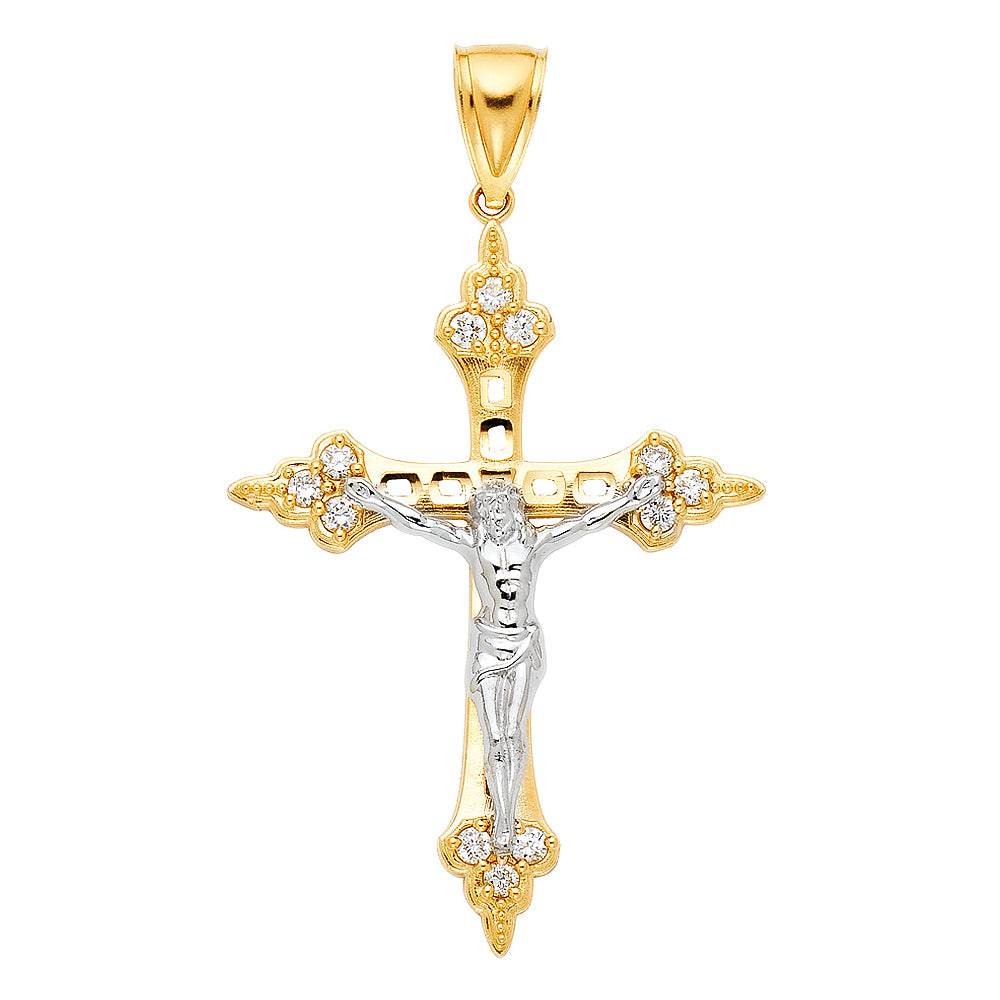 14K Two-Tone Gold Ornate Crucifix Pendant with Cubic Zirconia