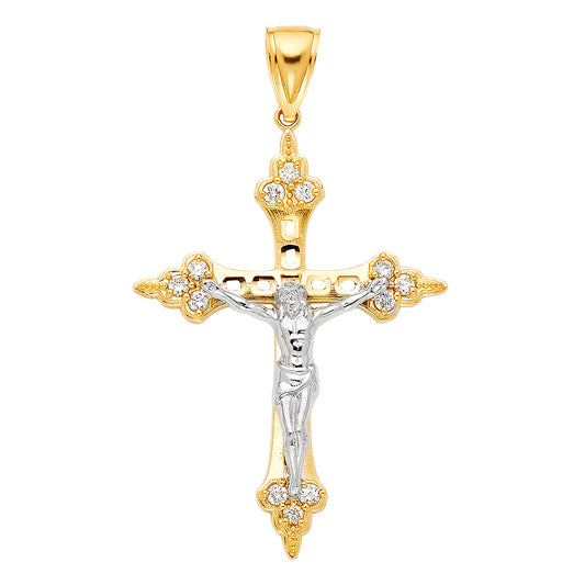 14K Two-Tone Gold Ornate Crucifix Pendant with Cubic Zirconia