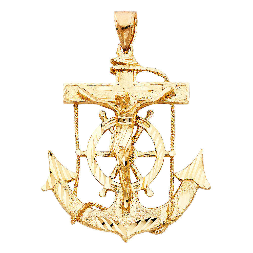 14K Yellow Gold Anchor Crucifix Pendant 2.2" Tall