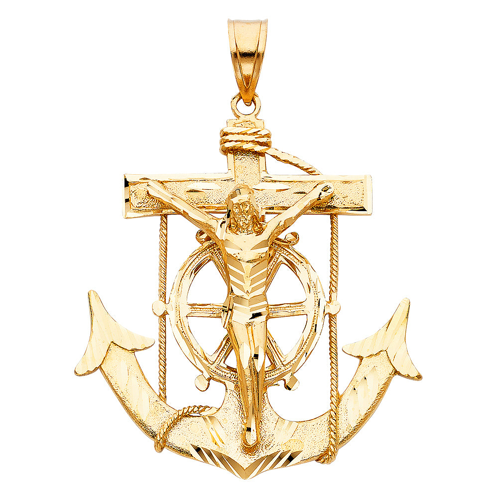14K Yellow Gold Anchor Crucifix Pendant 2.6" Tall