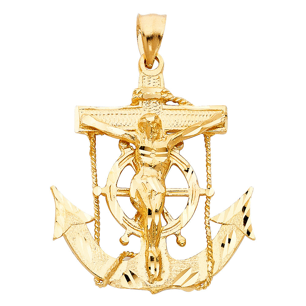 14K Yellow Gold Anchor Crucifix Pendant 1.5" Tall
