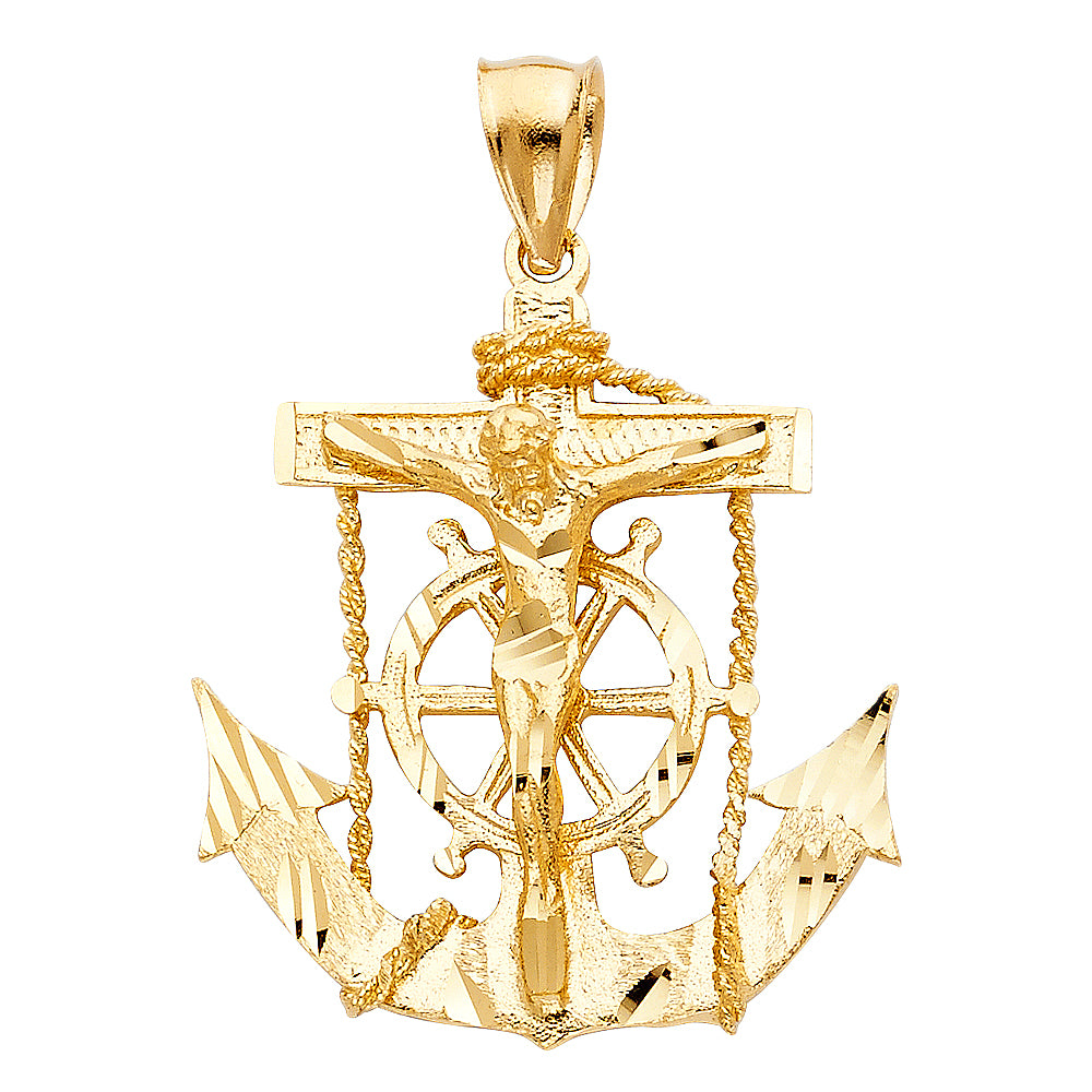 14K Yellow Gold Anchor Crucifix Pendant 1.4" Tall