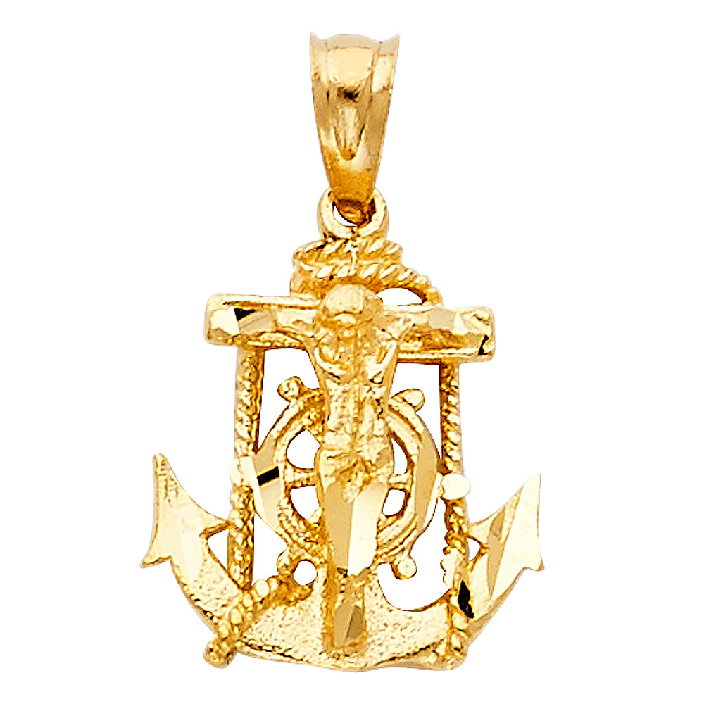 14K Yellow Gold Anchor Crucifix Pendant 0.6" Tall