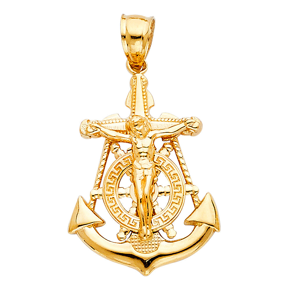 14K Yellow Gold Anchor Crucifix Pendant 1" Tall
