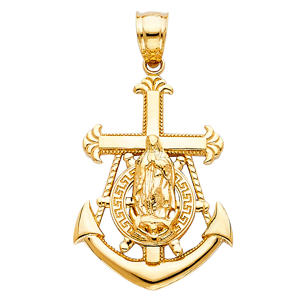 14K Yellow Gold Anchor Guadalupe Pendant 1" Tall