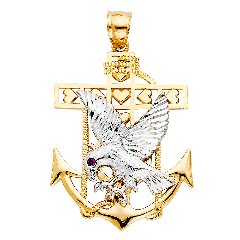 14K Two-Tone Gold Anchor Cross with Eagle and Ruby Accent Pendant 1.6" Tall