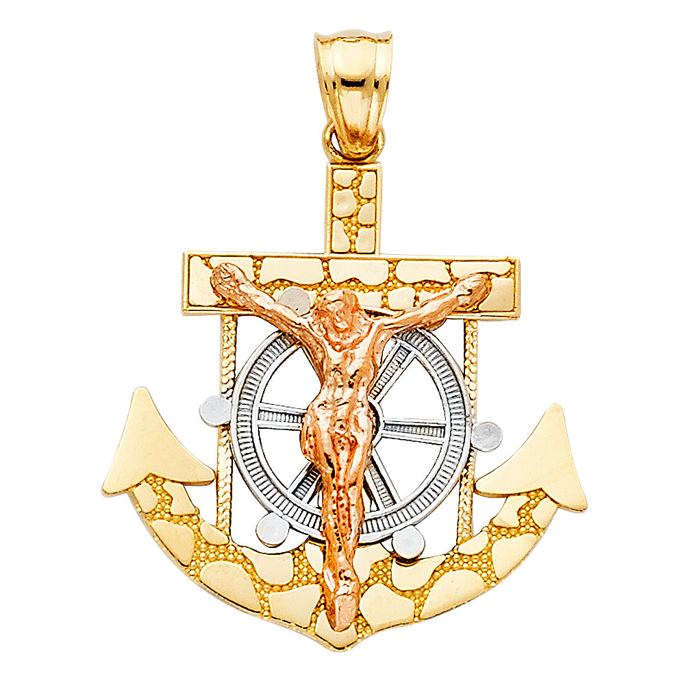 14K Tri-Color Gold Anchor Crucifix Pendant 1" Tall