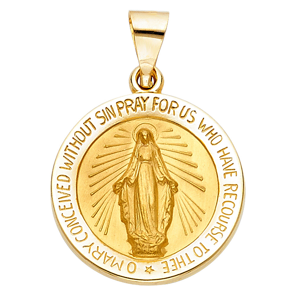 14K Yellow Gold Round Miraculous Medal Pray For Us Pendant