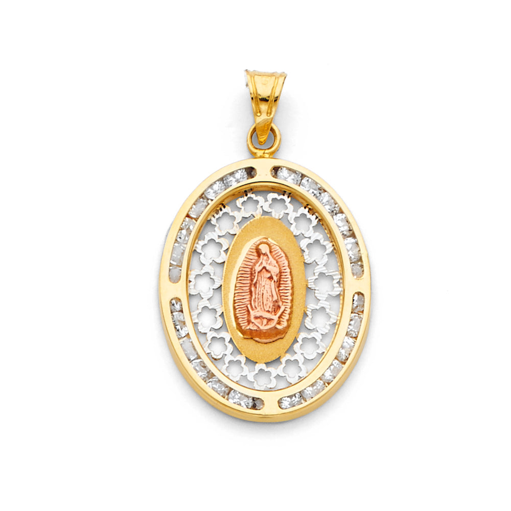 14K Tri-Color Gold Oval Virgin Guadalupe Filigree CZ Medallion Pendant aprox 1" tall