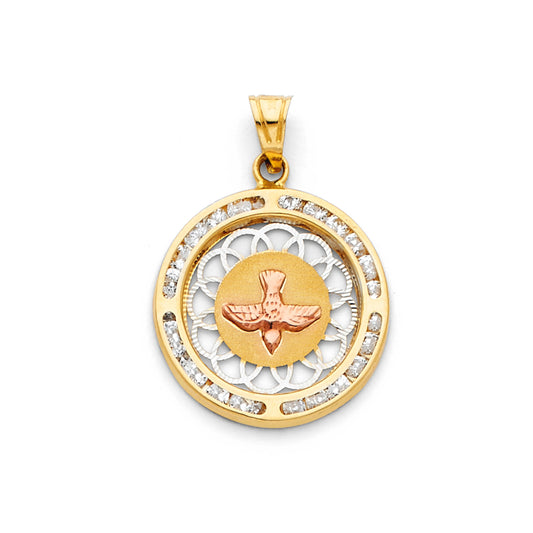 14K Tri-Color Gold Round Dove Pendant with Cubic Zirconia