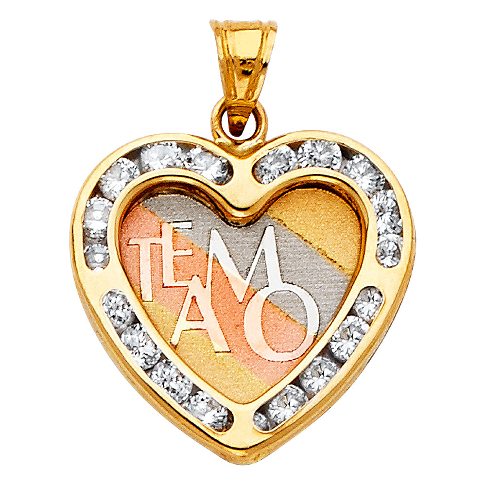 14K Tri-Color Gold “Te Amo” Heart Design CZ Pendant