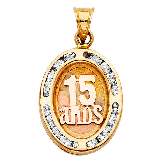 14K Tri-Color Gold Quinceañera Oval Pendant with CZ Accents