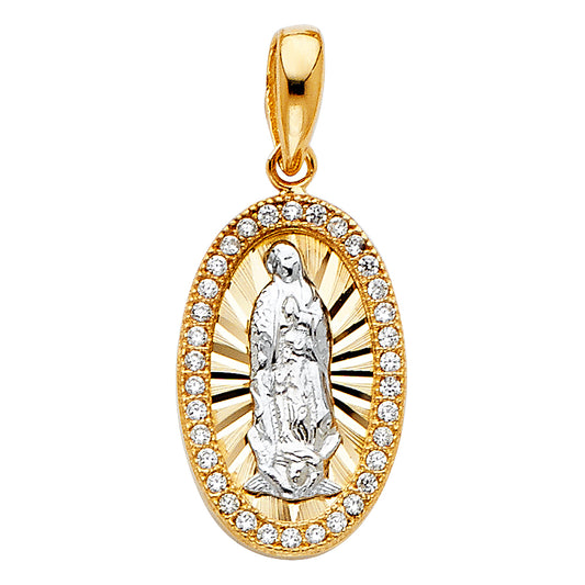 14K Two-Tone Gold Our Lady of Guadalupe Oval Pendant with Cubic Zirconia Halo
