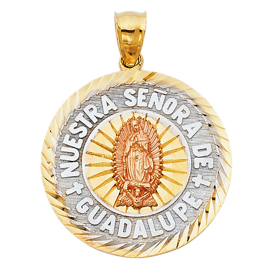 14K Tri-Color Gold Round Nuestra Señora de Guadalupe Medallion Pendant