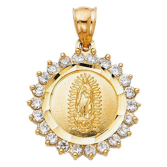 14K Tri-Color Gold Guadalupe Pendant with Red, White & Green Gem Halo