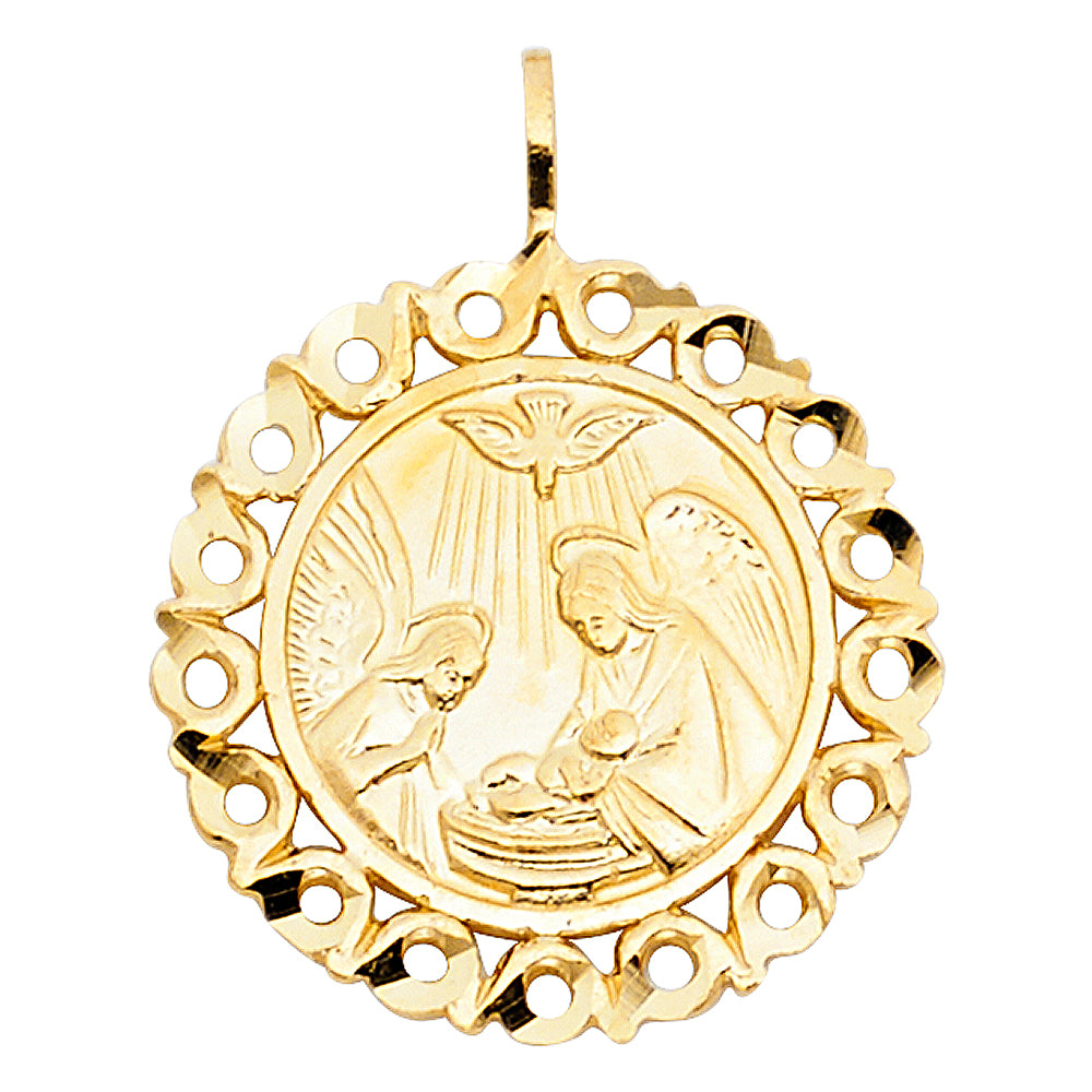 14K Yellow Gold Filigree Baptism Round Medallion Pendant