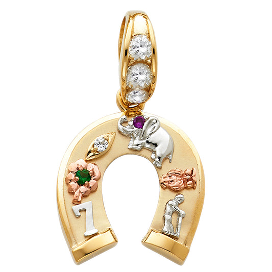 14K Tri-Color Gold Lucky Horseshoe Charm with Good Fortune Symbols