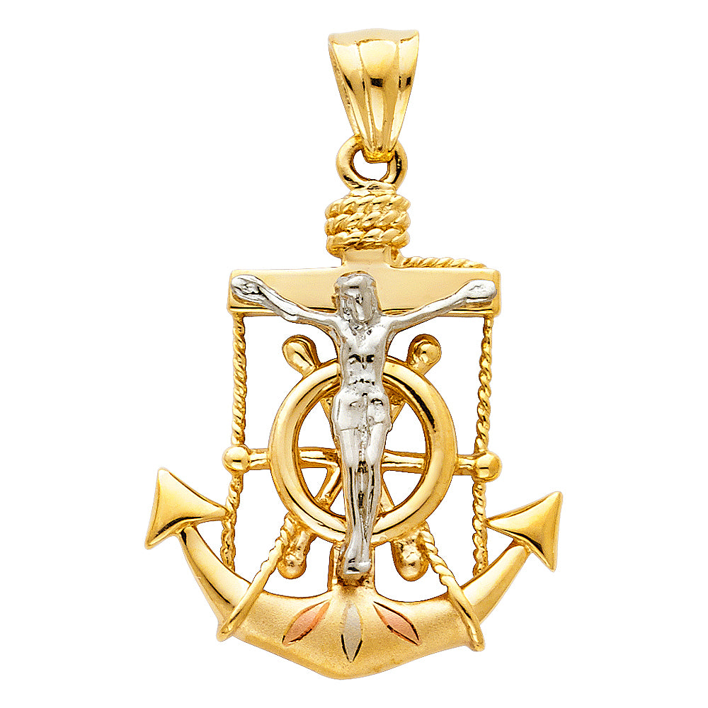 14K Tri-Color Gold Anchor Crucifix CZ Pendant 1" Tall