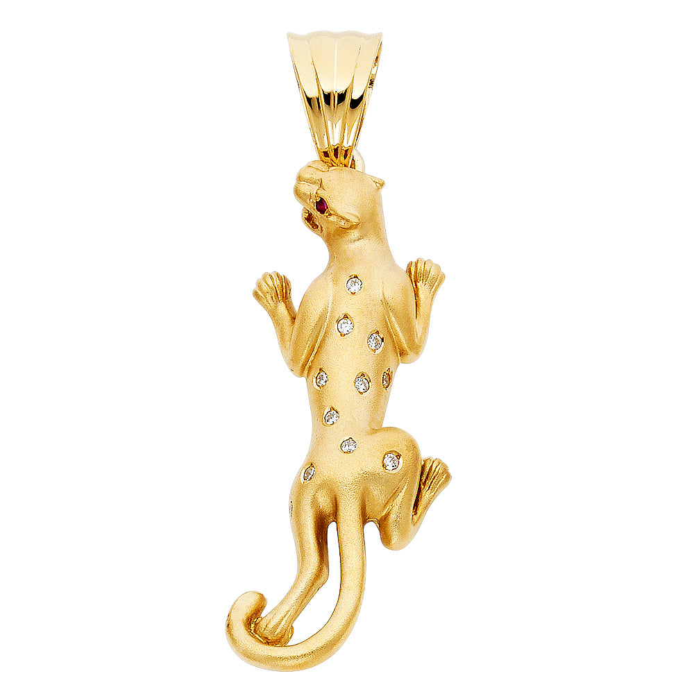 14K Yellow Gold CZ Leopard Pendant 1.9" Tall
