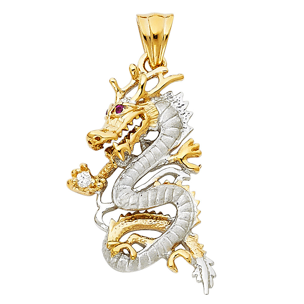 14K Two-Tone Gold Dragon Pendant with CZ