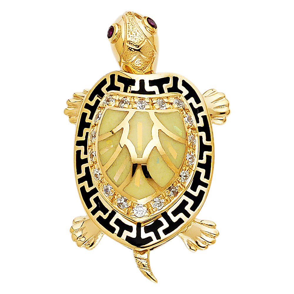 14K Yellow Gold Turtle Pendant with Red CZ Eyes and White CZ Accents 1.4" Tall