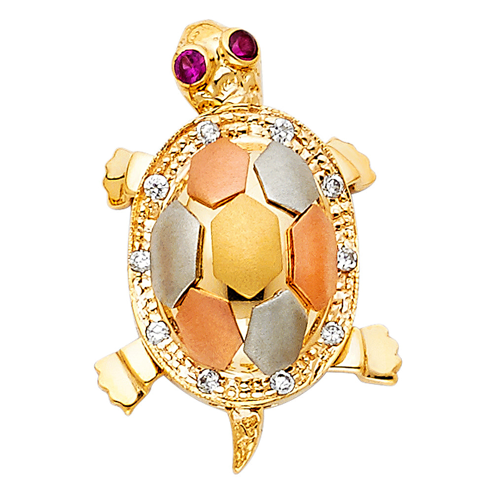 14K Tri-Color Gold Turtle Red CZ and White CZ Pendant 1" Tall