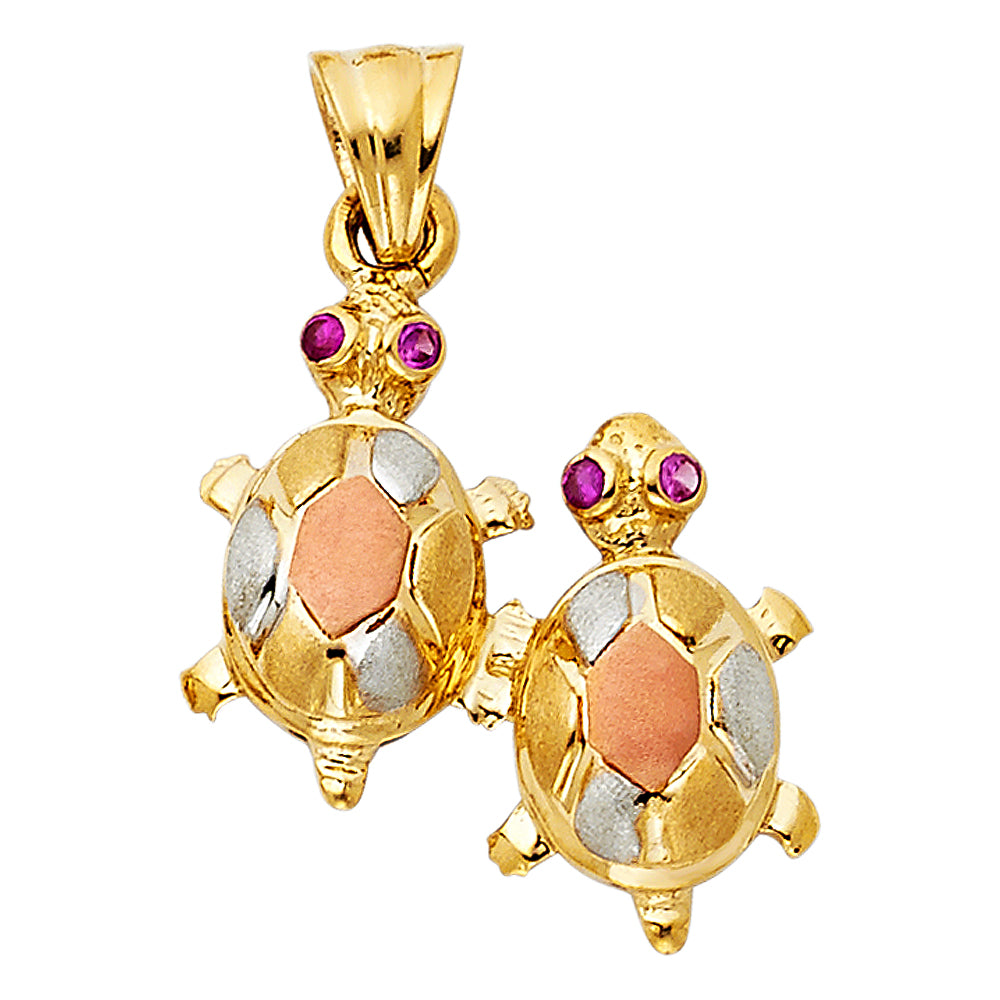 14K Tri-Color Gold Double Sided / Reversible Turtle Red CZ Pendant 0.9" Tall