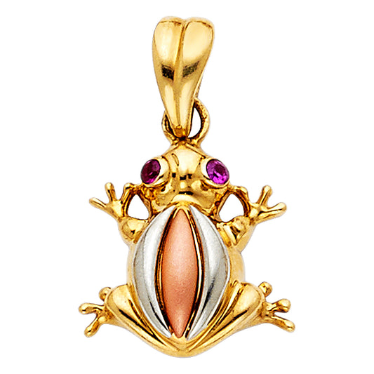 14K Tri-Color Gold Gold Frog Pendant with Red CZ Eyes