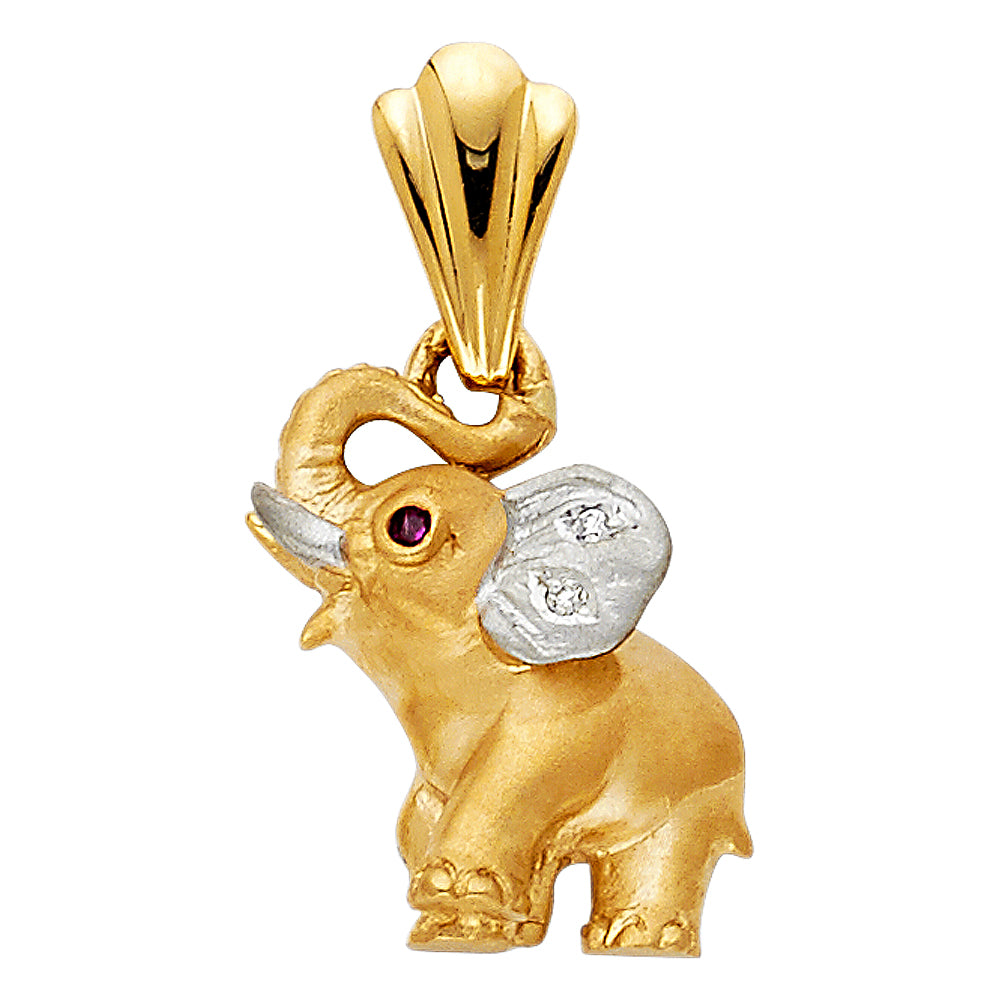 14K Two-Tone Gold CZ Elephant Pendant 0.7" Tall
