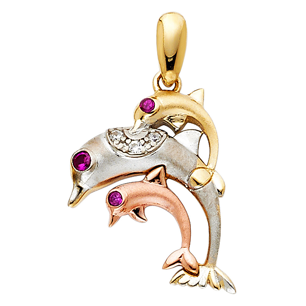 14K Tri-Color Gold Dolphin Family Red CZ and White CZ Pendant 0.8" Tall