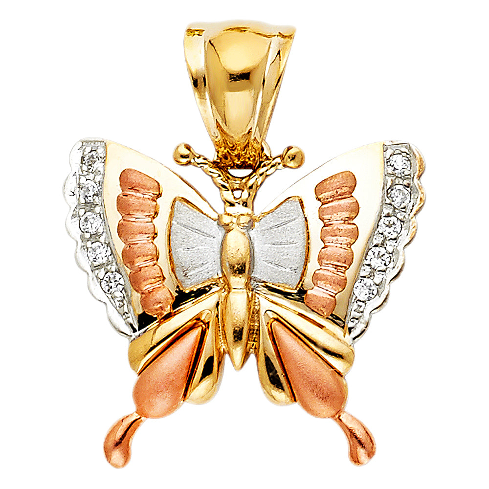 14K Tri-Color Gold Butterfly CZ Pendant