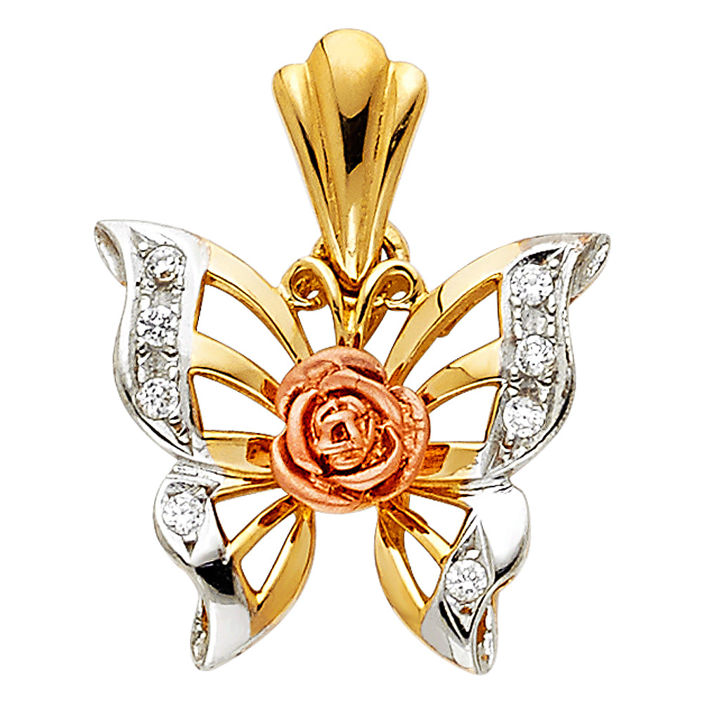 14K Tri-Color Gold Butterfly CZ Pendant