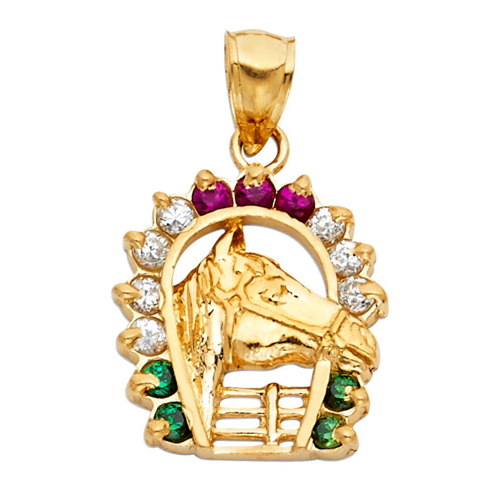 14K Yellow Gold Horse Head Horseshoe Multicolor CZ Pendant representing the Flag of Mexico