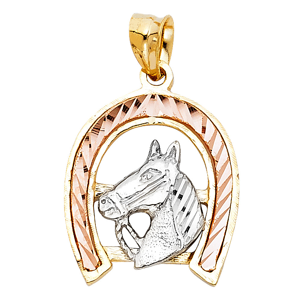 14K Tri-Color Gold Horse Head Horseshoe Pendant