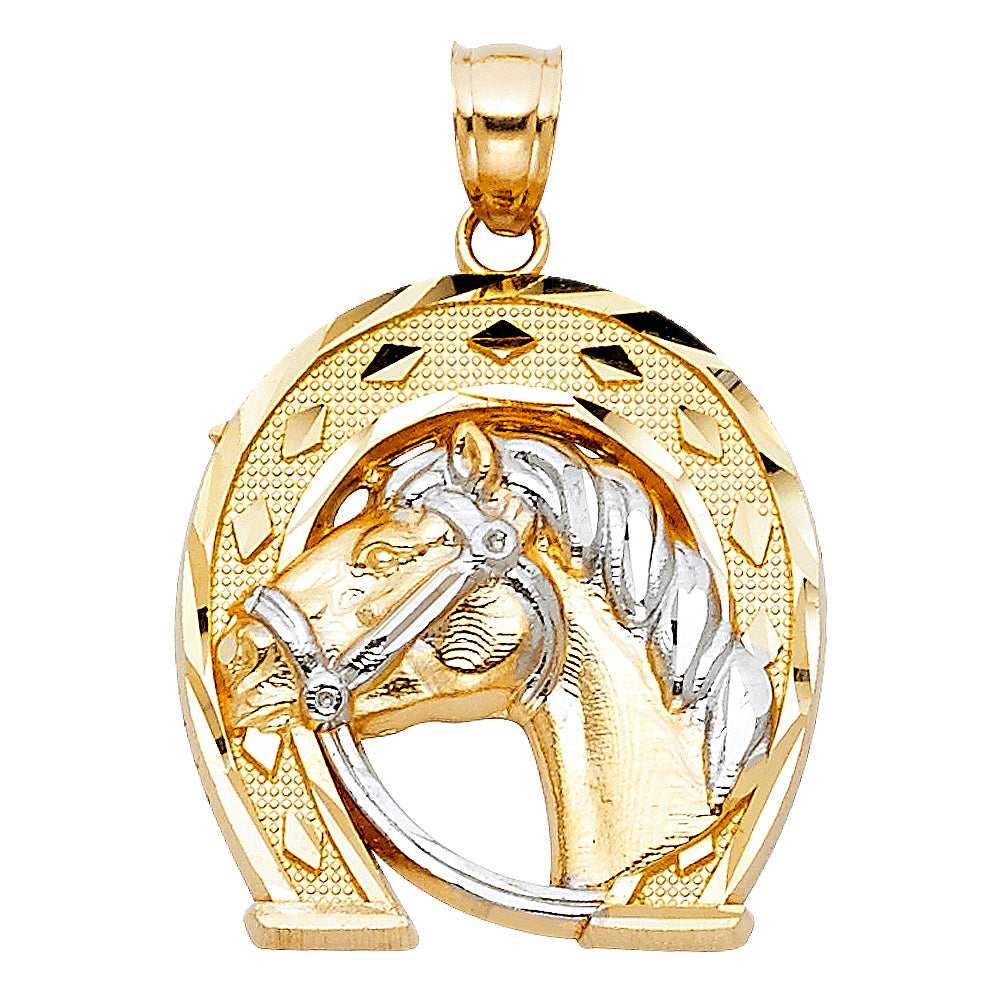 14K Two-Tone Gold Horse Head Horseshoe Pendant