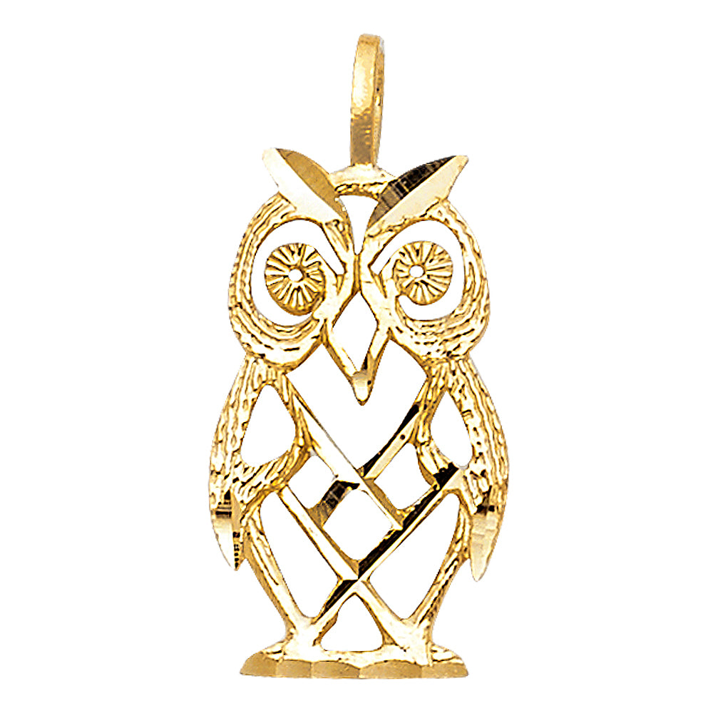 14K Yellow Gold Filigree Owl CZ Pendant 0.9" Tall