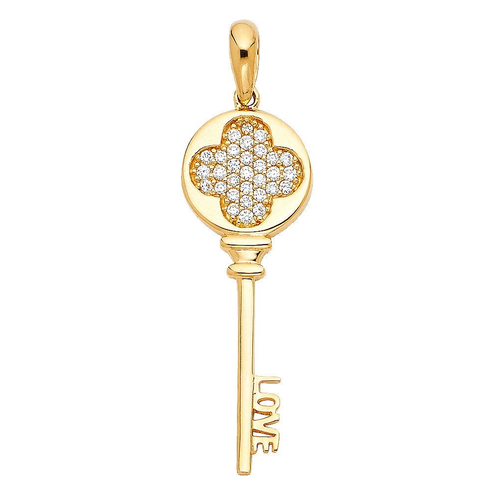 14K Yellow Gold Key Pendant with Love Inscription and CZ Accents