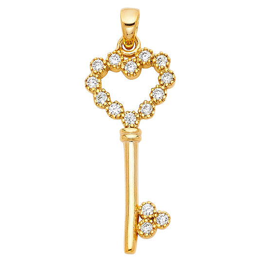 14K Yellow Gold Heart-Shaped Key Pendant with CZ Accents