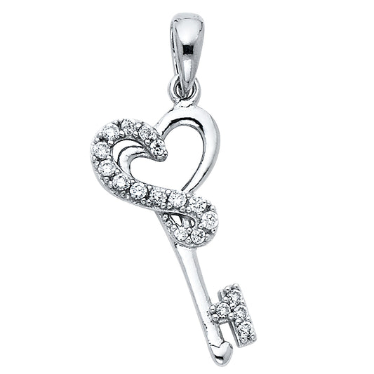 14K White Gold Heart-Shaped Key Pendant with CZ Accents