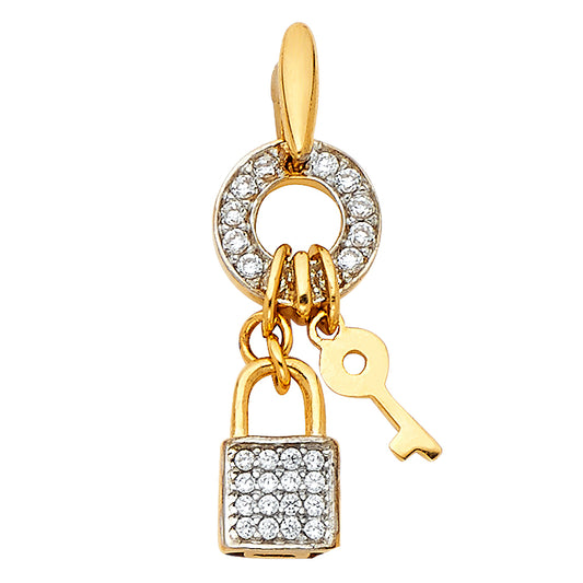 14K Two-Tone Gold Lock and Key Pendant with CZ Accents