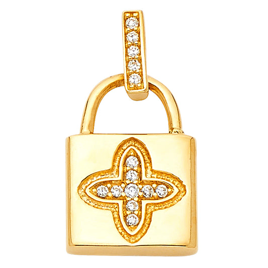 14K Yellow Gold Lock Pendant with CZ Cross Accent