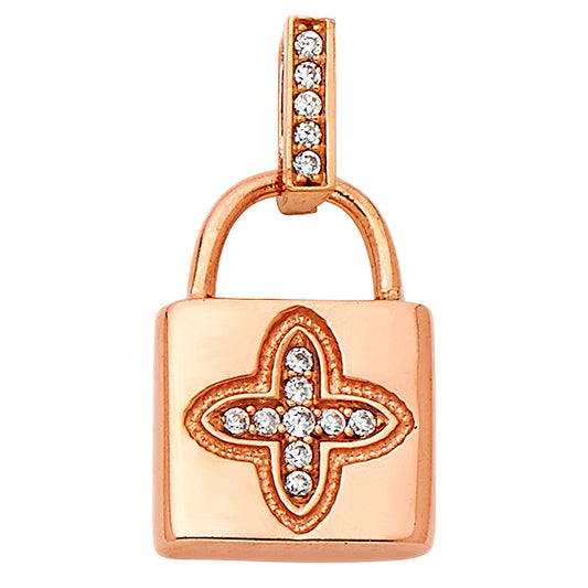 14K Rose Gold Lock Pendant with CZ Cross Accent