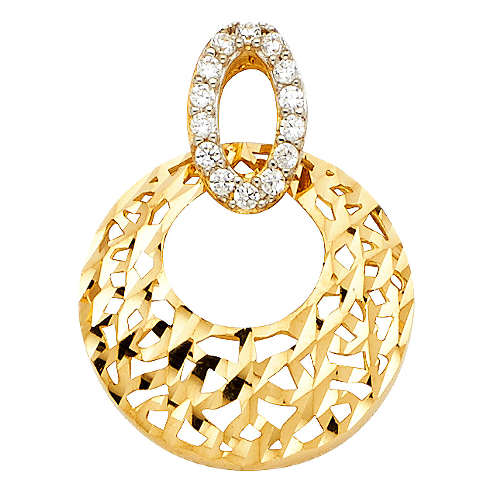 14K Yellow Gold Filigree Circle Design CZ Pendant