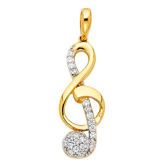 14K Yellow Gold Treble Clef Pendant with Cubic Zirconia
