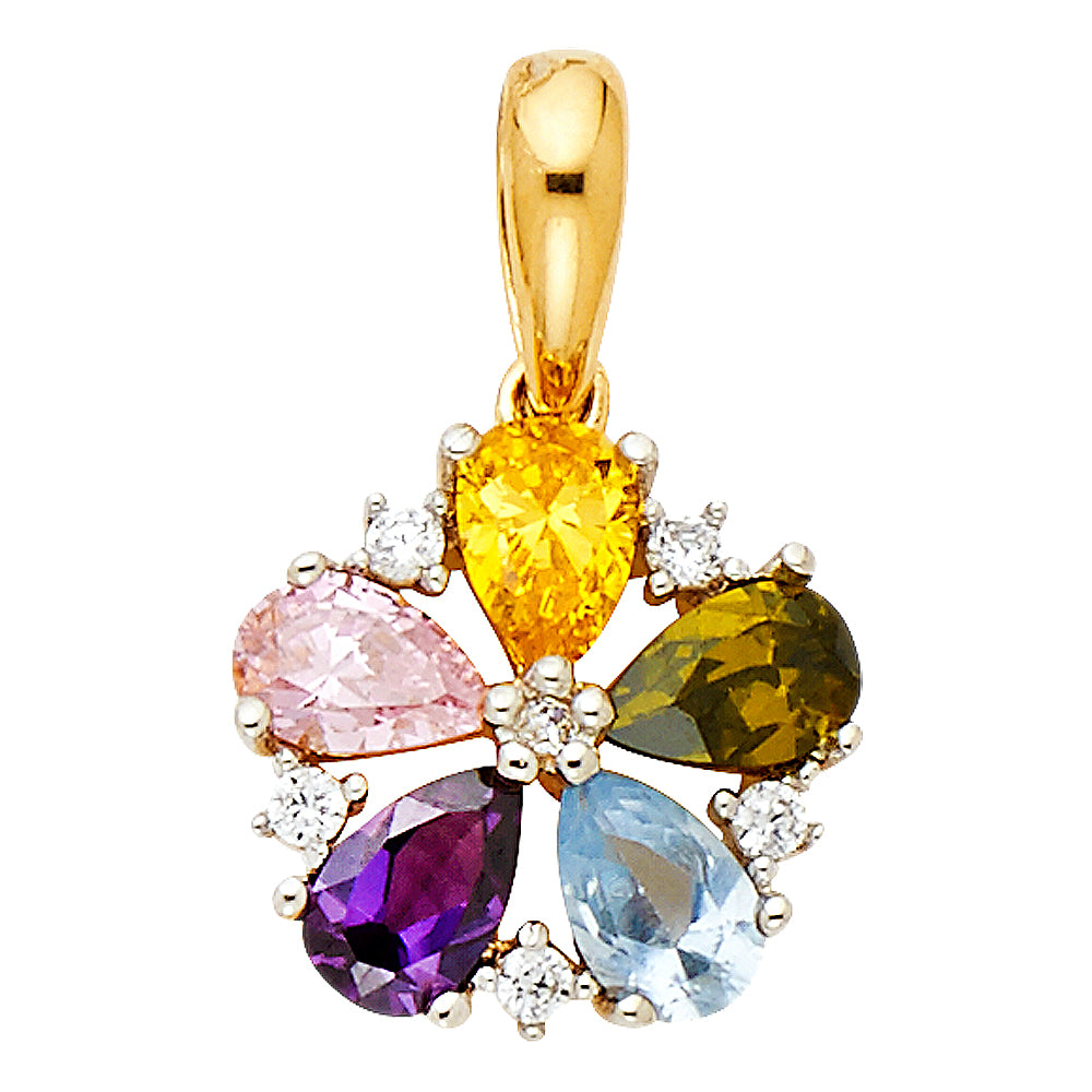 14K Yellow Gold Multicolor CZ Flower Pendant