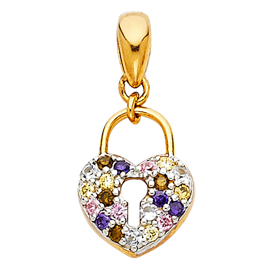 14K Yellow Gold Heart Lock Pendant with Multicolor CZ Stones