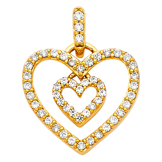 14K Yellow Gold Double Open Heart Pendant accented with Cubic Zirconia