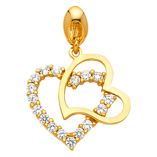 14K Yellow Gold Double Heart Pendant accented with CZ Stones