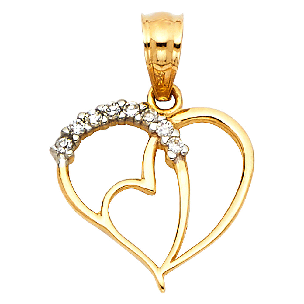 14K Yellow Gold Double Open Heart Pendant accented with CZ Stones